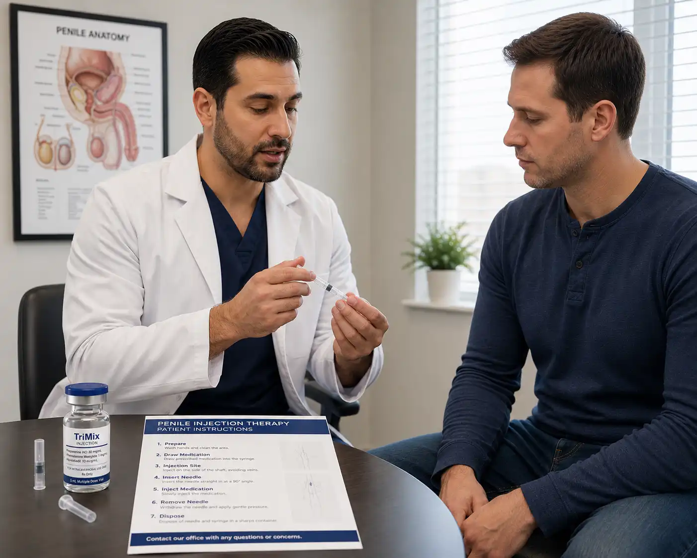 Dr. Kashani explaining penile injection therapy technique to a patient at his Long Island urology practice
